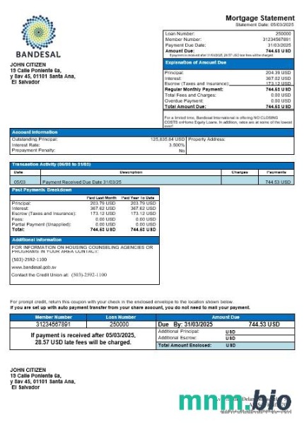 Salwador Bandesal Bank wyciąg z kredytu hipotecznego w formatach Word i PDF
